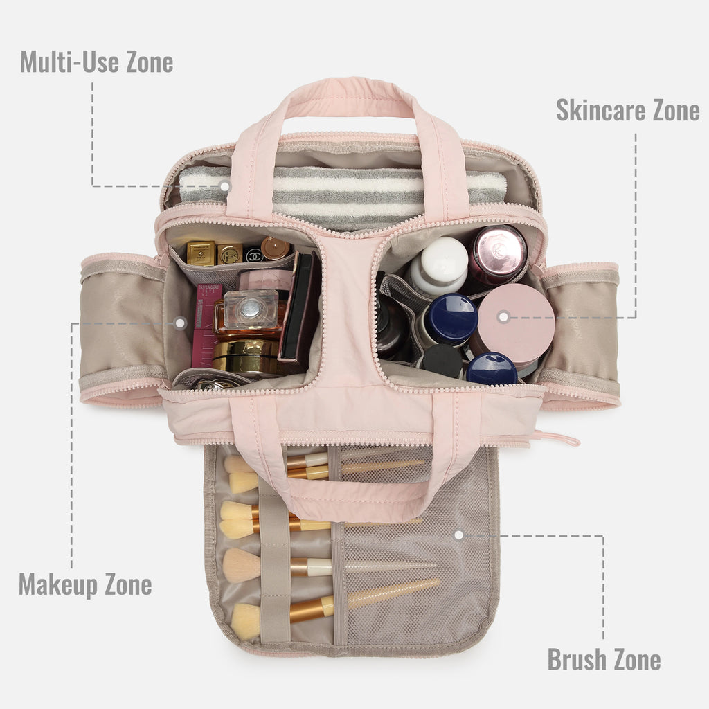 Travel toiletry bag, lightweight, large capacity, expandable, designed for women, fluffy cosmetic bag with handle, suitable for storing accessories, essentials and toiletries.