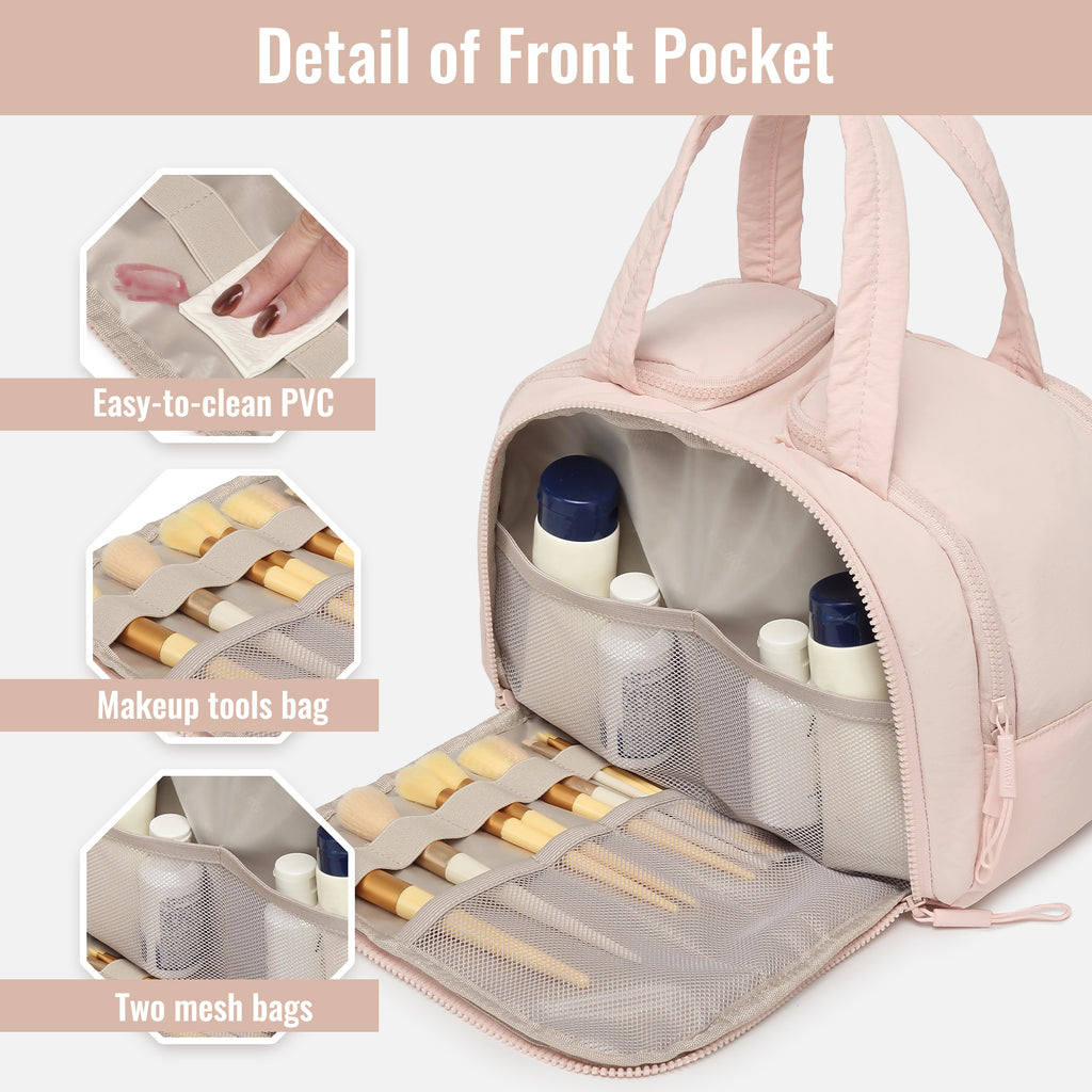 Travel toiletry bag, lightweight, large capacity, expandable, designed for women, fluffy cosmetic bag with handle, suitable for storing accessories, essentials and toiletries.