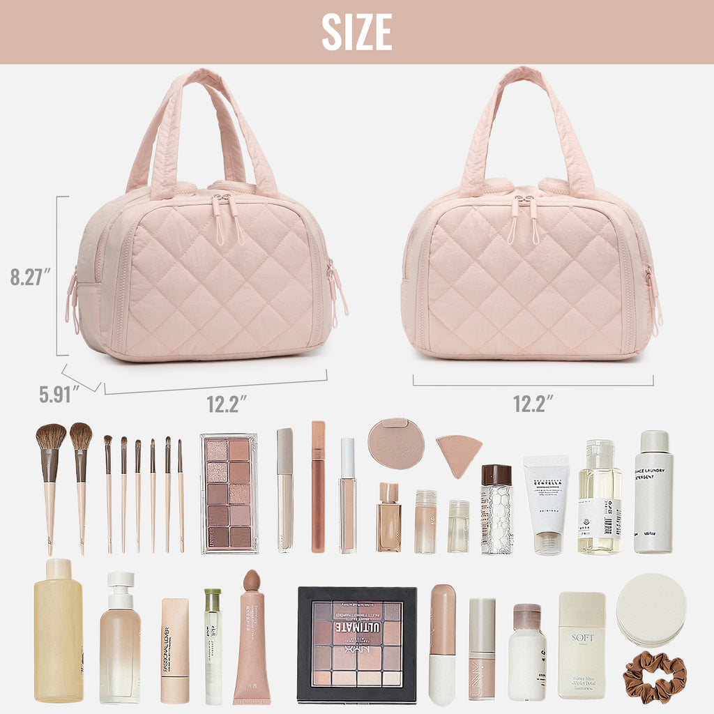 Travel toiletry bag, lightweight, large capacity, expandable, designed for women, fluffy cosmetic bag with handle, suitable for storing accessories, essentials and toiletries.