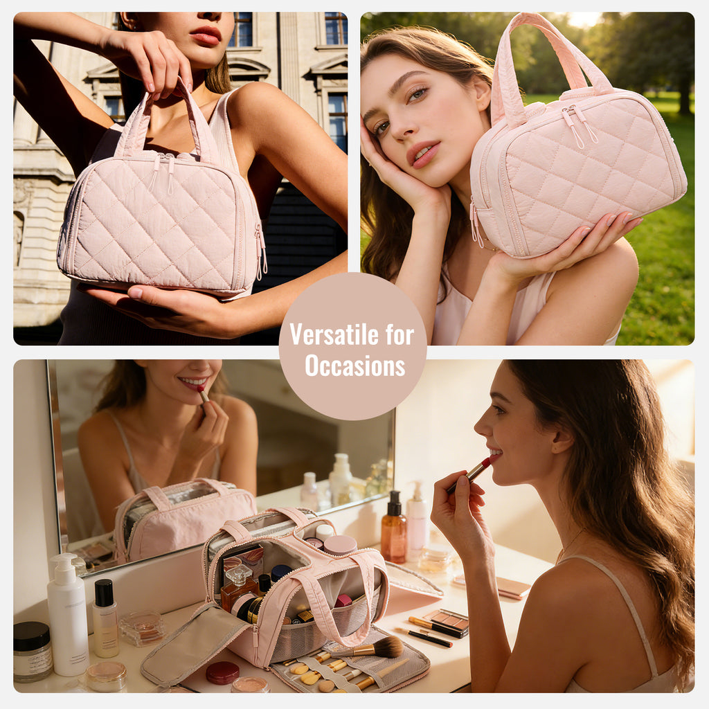 Travel toiletry bag, lightweight, large capacity, expandable, designed for women, fluffy cosmetic bag with handle, suitable for storing accessories, essentials and toiletries.