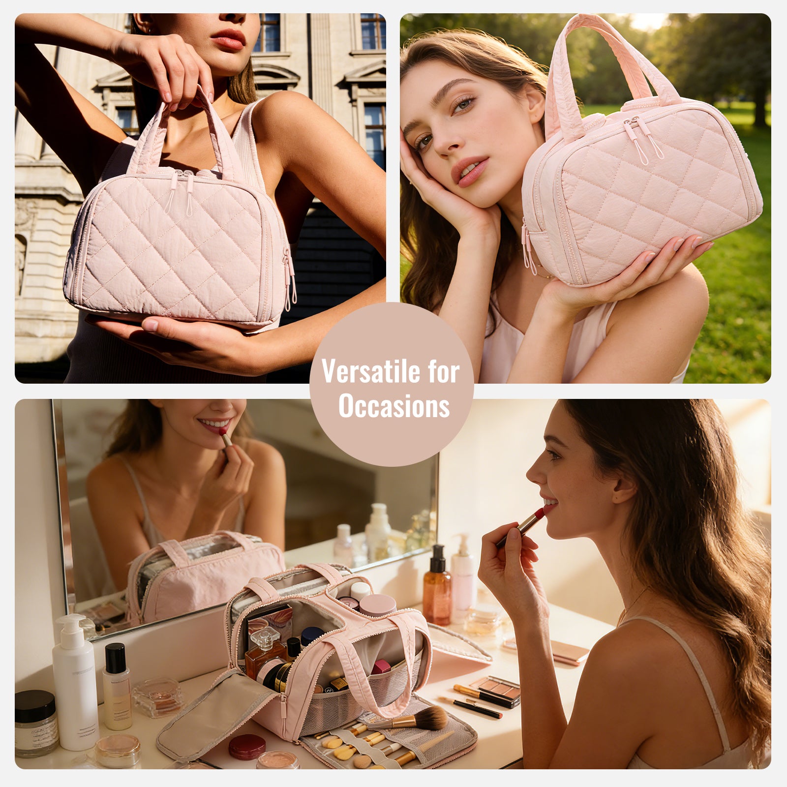 Travel toiletry bag, lightweight, large capacity, expandable, designed for women, fluffy cosmetic bag with handle, suitable for storing accessories, essentials and toiletries.