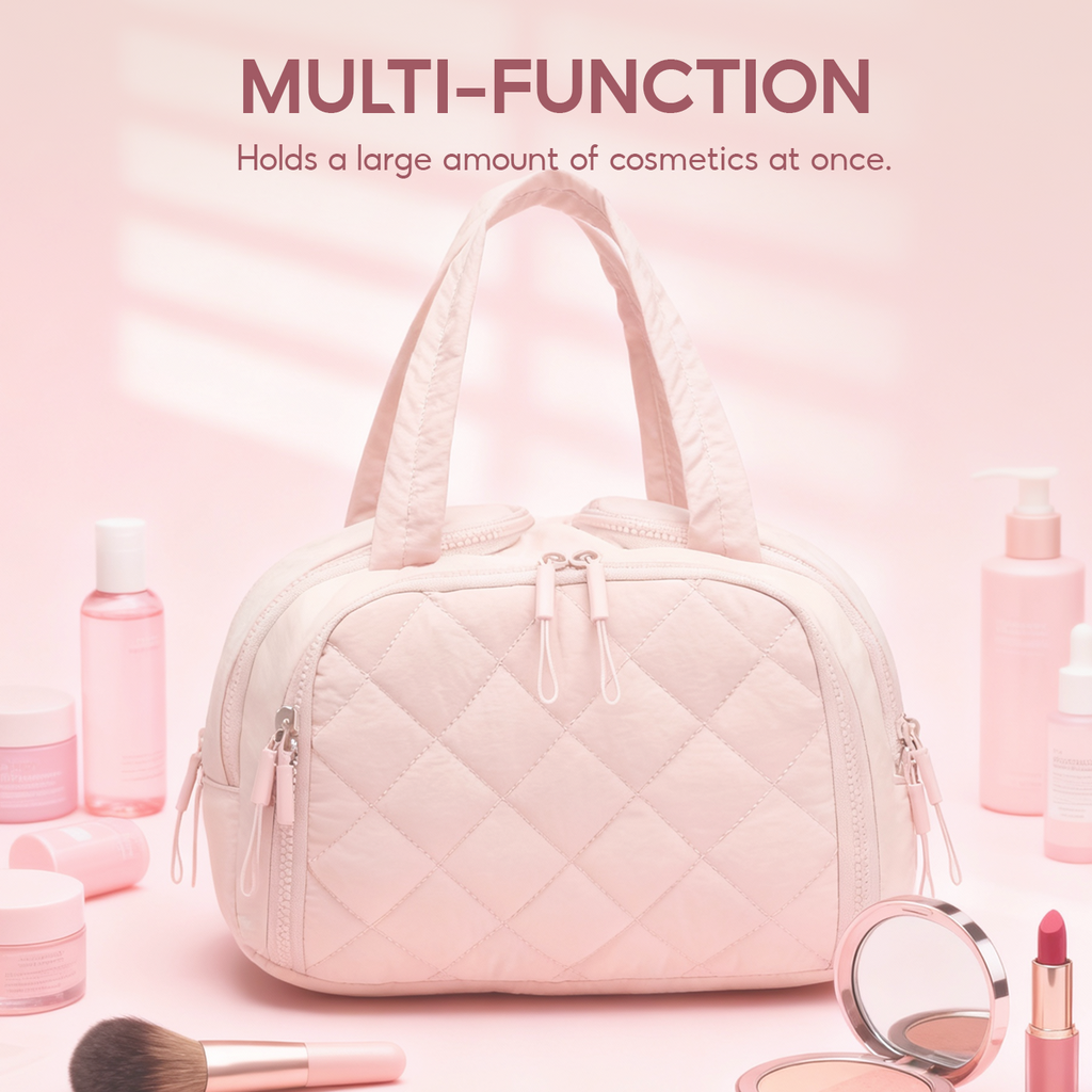 Travel toiletry bag, lightweight, large capacity, expandable, designed for women, fluffy cosmetic bag with handle, suitable for storing accessories, essentials and toiletries.